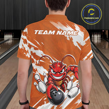 Load image into Gallery viewer, Back view of a male model in a bowling alley wearing an orange custom bowling polo shirt with a fierce yet funny crawfish bowling character and a distressed background design.