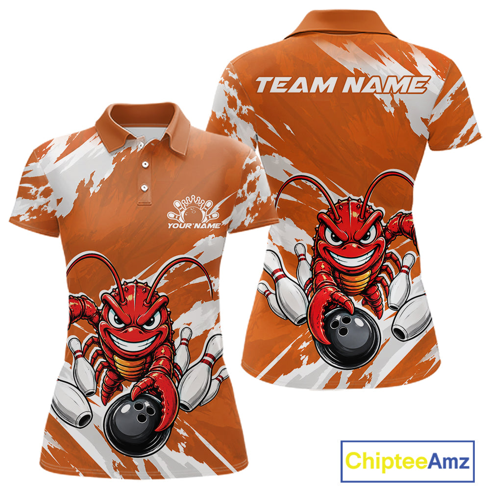 Front and back views of an orange custom women's bowling polo shirt featuring a fierce yet funny crawfish bowling character and a distressed background design.