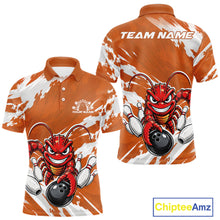 Load image into Gallery viewer, Front and back views of an orange custom men's bowling polo shirt featuring an aggressive funny crawfish playing bowling with a distressed background design.