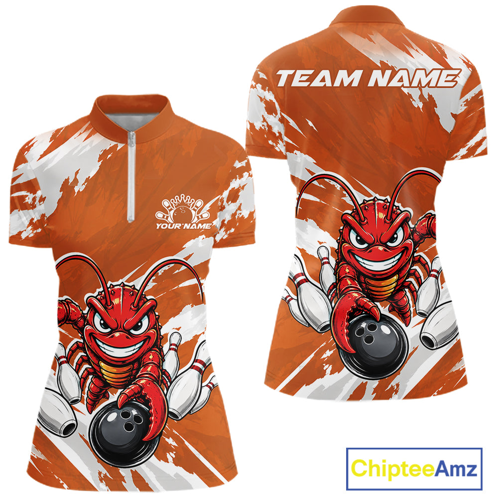 Front and back views of an orange custom women's quarter zip bowling shirt featuring an aggressive crawfish bowling design with a distressed background.