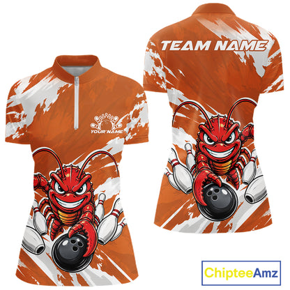Front and back views of an orange custom women's quarter zip bowling shirt featuring an aggressive crawfish bowling design with a distressed background.