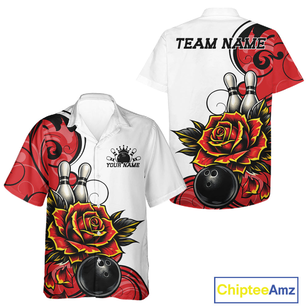 White short-sleeve bowling-themed button up shirt shown from the front and back, featuring a large red and yellow rose, bowling pins, bowling balls, black swirls, and customizable text areas on the chest and back. A ChipteeAmz logo appears in the bottom right corner.
