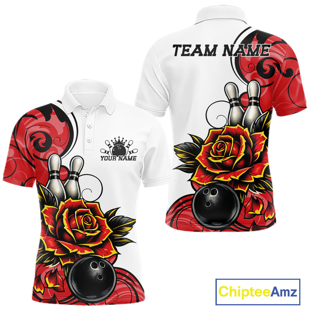 Womens short-sleeve polo shirt shown from front and back with a bowling-themed graphic print featuring red roses, black bowling balls, bowling pins, and decorative swirls. 