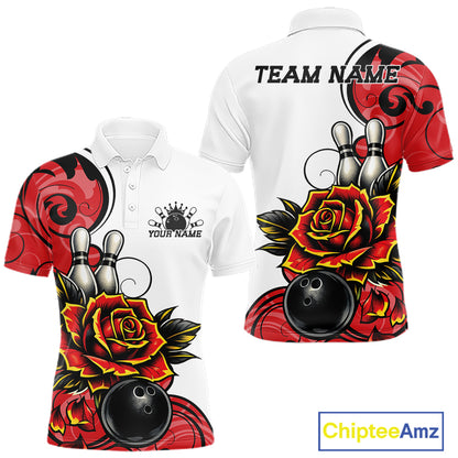 Womens short-sleeve polo shirt shown from front and back with a bowling-themed graphic print featuring red roses, black bowling balls, bowling pins, and decorative swirls. 