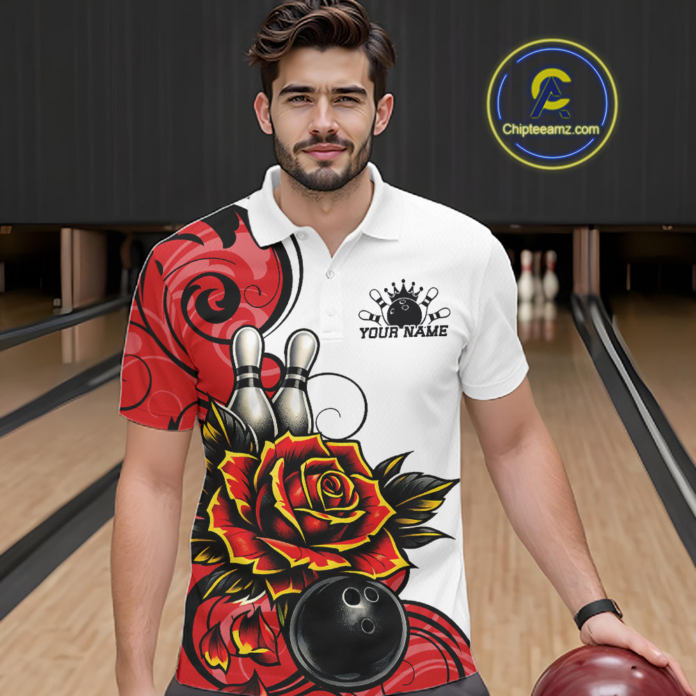 A man wearing a white short-sleeve polo shirt with a bold red and black rose graphic and bowling pin/ball illustrations, standing in a bowling alley holding a bowling ball.