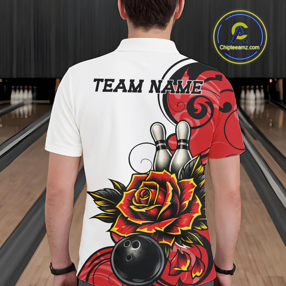 A man viewed from behind wearing a white short-sleeve bowling shirt with a large red and black floral graphic, bowling pins, and a bowling ball on the back, plus 'TEAM NAME' printed across the upper back.