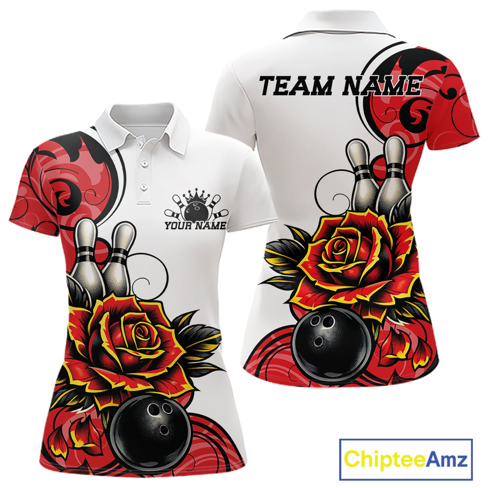 White short-sleeve polo shirt shown from front and back with a bold bowling-themed graphic print featuring red roses, bowling pins, bowling balls, and black decorative swirls. 