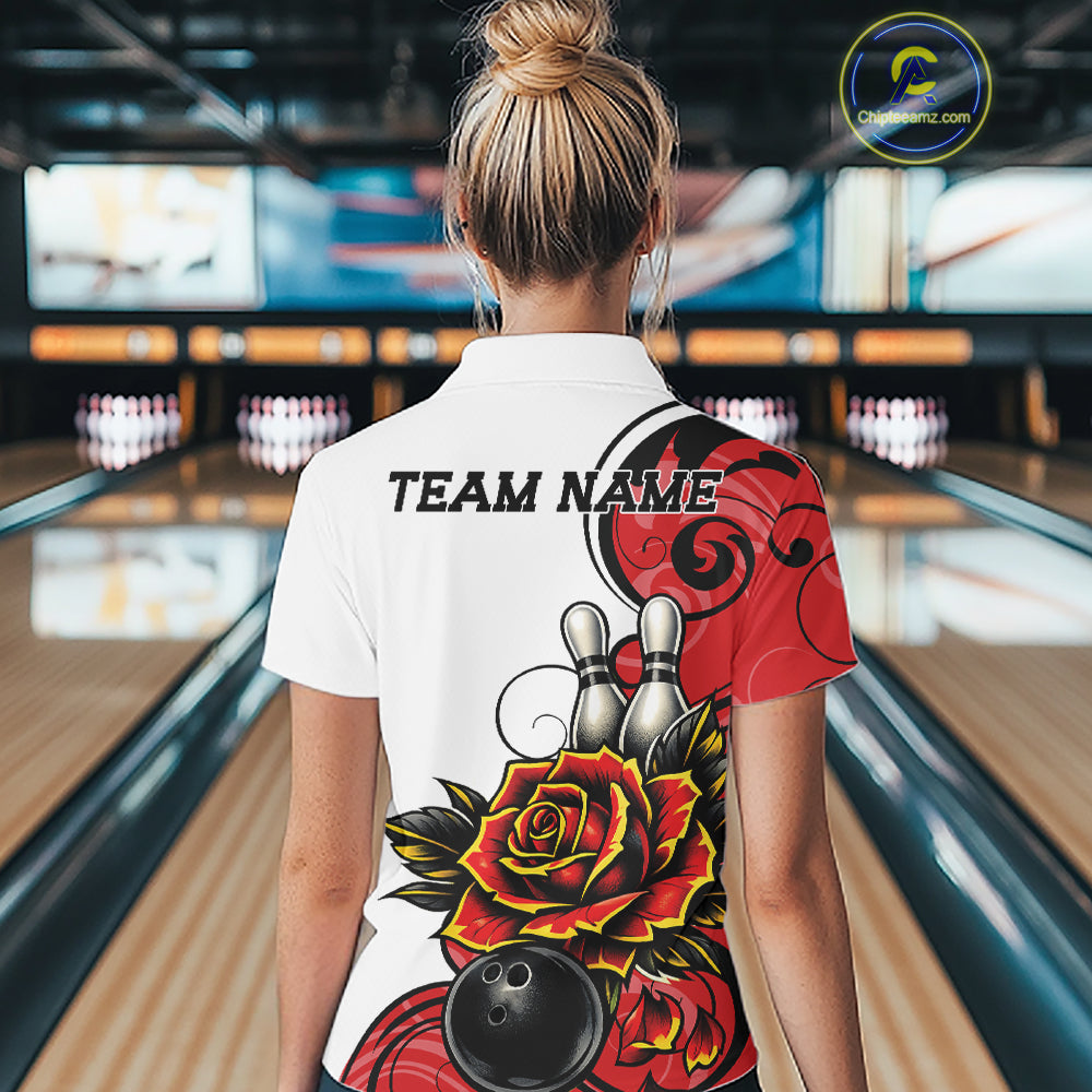 A woman viewed from behind wearing a white bowling polo shirt with a bold red, black, and yellow floral graphic on the back and the text 'TEAM NAME' printed across the shoulders. 