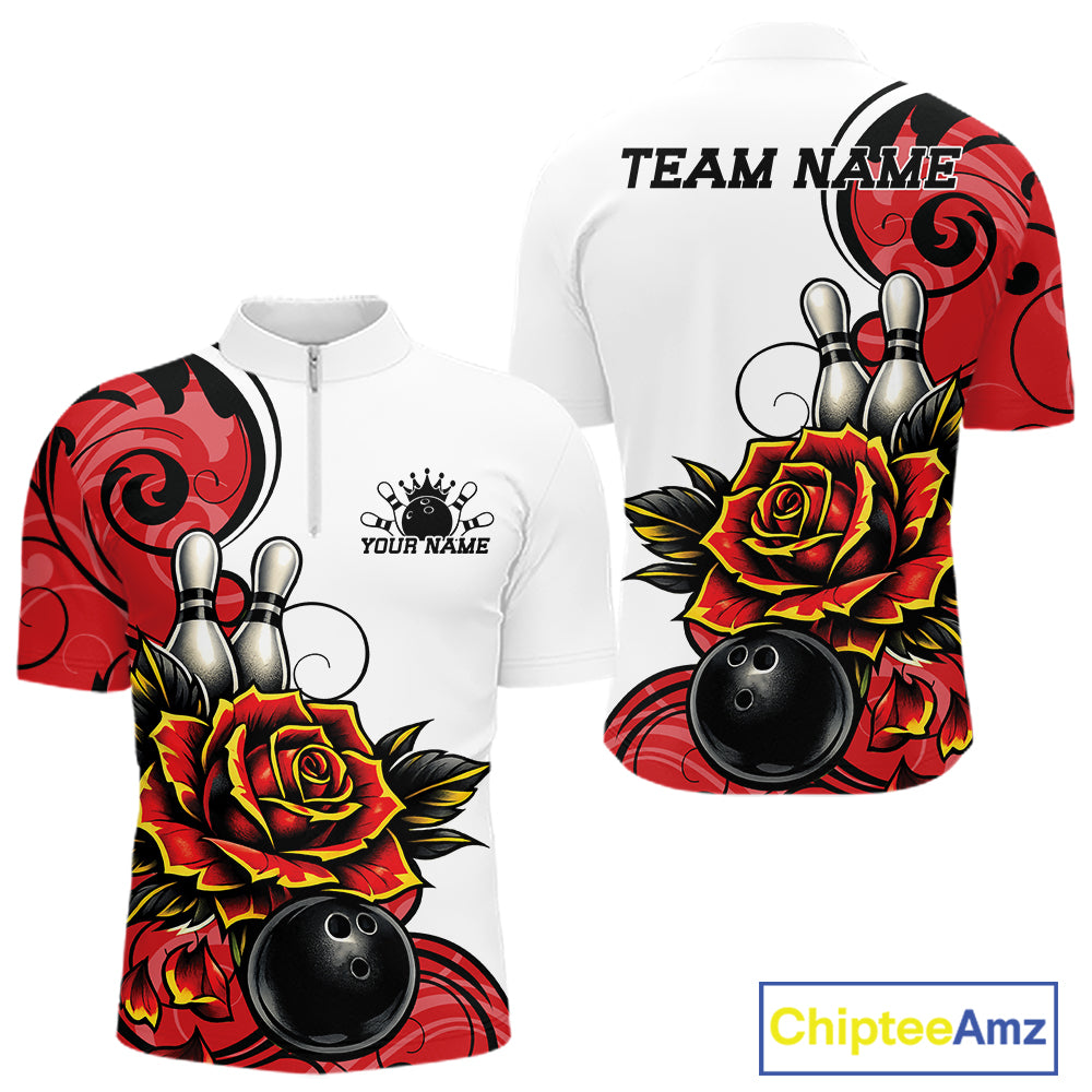 A white short-sleeve quarter zip shirt shown from the front and back, featuring a bold red and black bowling-themed graphic with roses, bowling pins, bowling balls, and customizable text areas 'TEAM NAME' and 'YOUR NAME'.