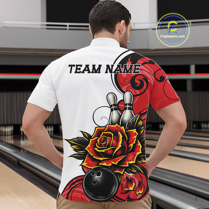 A man shown from behind wearing a white short-sleeve bowling shirt with a large red and black graphic print on the back and right sleeve. The shirt features the text 'TEAM NAME' and a tattoo-style design with bowling pins, a black bowling ball, and a red rose.