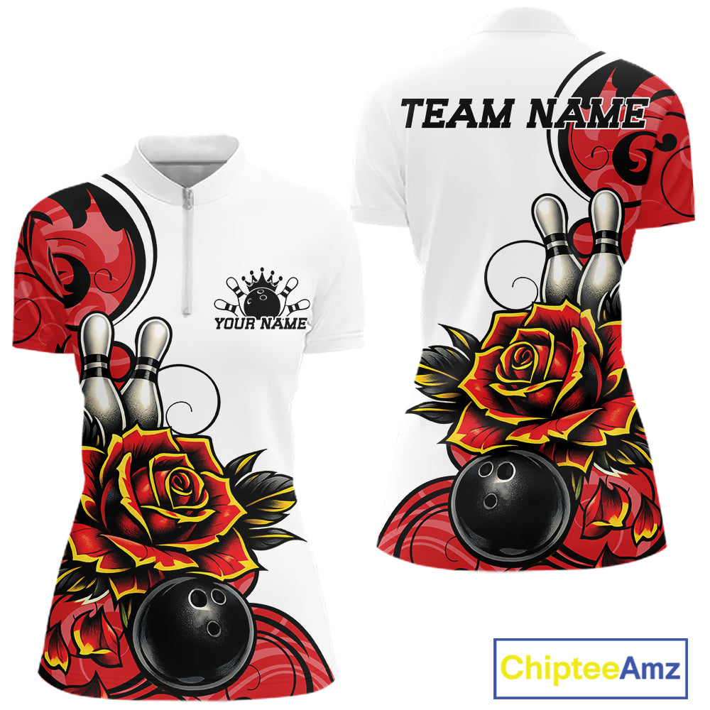 White short-sleeve quarter zip shirt shown from front and back with bowling-themed graphic print, including red and yellow roses, bowling pins, bowling balls, and customizable text areas reading TEAM NAME and YOUR NAME.