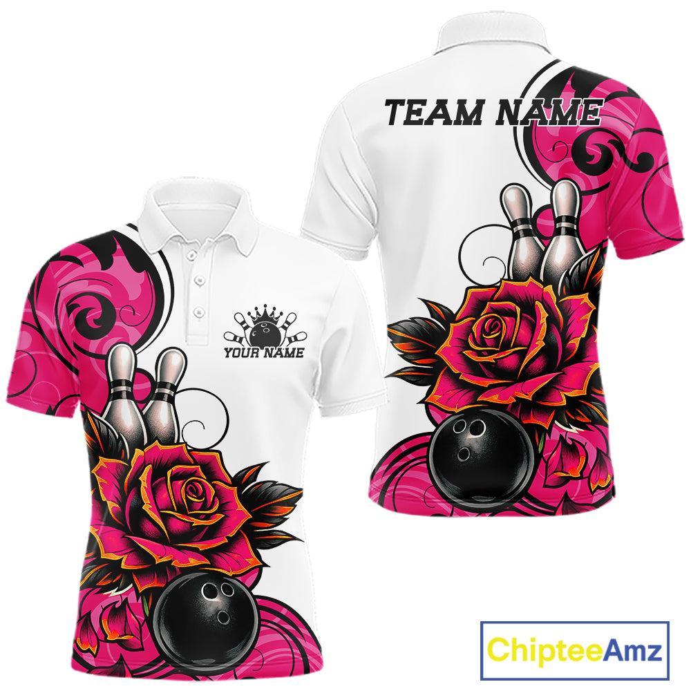 White short-sleeve polo shirt shown from front and back with a bowling-themed graphic print featuring pink roses, black bowling balls, bowling pins, and decorative swirls. 