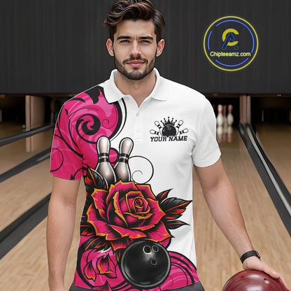 A man wearing a white short-sleeve polo shirt with a vibrant pink and black bowling-themed graphic print, standing in a bowling alley holding a bowling ball. 