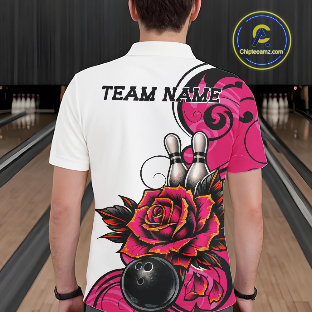 A man viewed from behind wearing a white short-sleeve polo shirt with a large bowling-themed graphic print. The design features a pink and black rose, bowling pins, a bowling ball, and the text 'TEAM NAME' on the back.