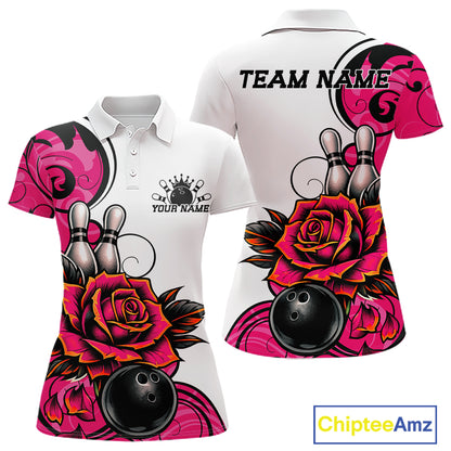 Womens white short-sleeve polo shirt shown from front and back with bold bowling-themed graphics, including pink roses, bowling pins, bowling balls, and customizable text areas.