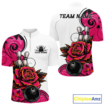Front and back views of a white short-sleeve zip-up bowling shirt with a vibrant pink, black, and orange graphic design featuring roses, bowling pins, and bowling balls, with customizable text placeholders.