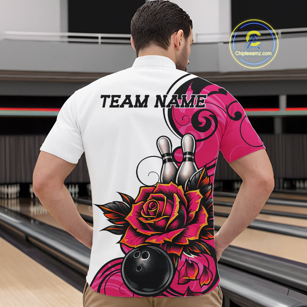 A man shown from behind wearing a white short-sleeve bowling quarter zip shirt with a large pink and black floral graphic on the back, including bowling pins, a bowling ball, and the text 'TEAM NAME'. 