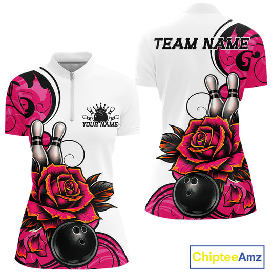 Custom Pink Rose Bowling Women Quarter-Zip Shirt, Floral Bowling Team Shirt IPHW11691