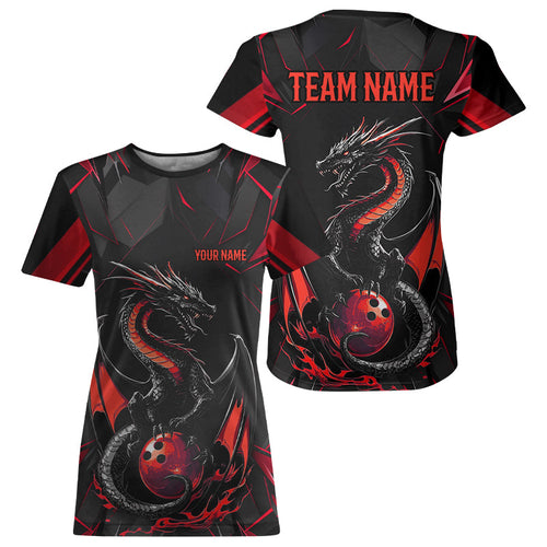 Custom Black And Red Dragon Bowling For Women, Dragon Bowling Team Uniform IPHW7313