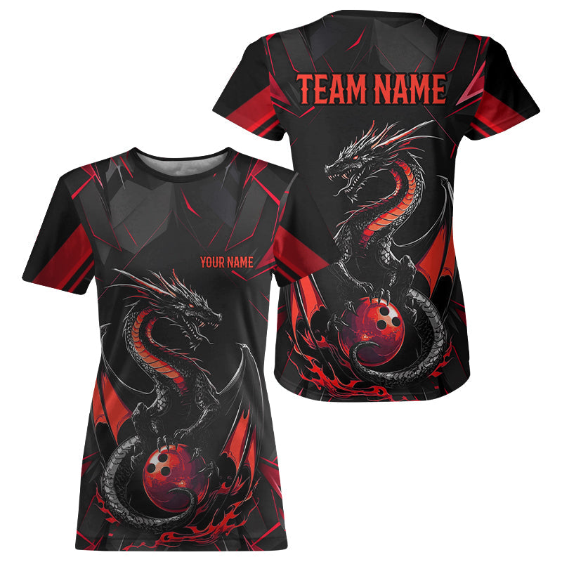 Custom Black And Red Dragon Bowling For Women, Dragon Bowling Team Uniform IPHW7313