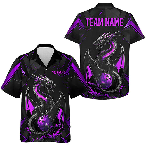 Custom Black And Purple Dragon Bowling Hawaiian Shirts For Men And Women, Dragon Bowling Team Uniform IPHW7314