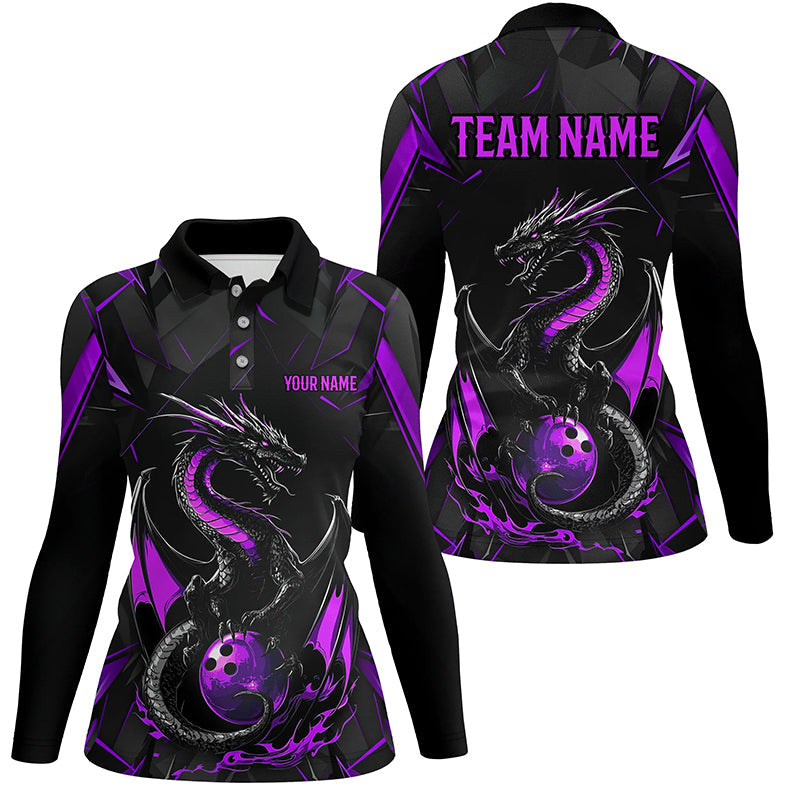 Custom Black And Purple Dragon Bowling Womens Long Sleeve Polo Shirts, Dragon Bowling Uniform IPHW7314