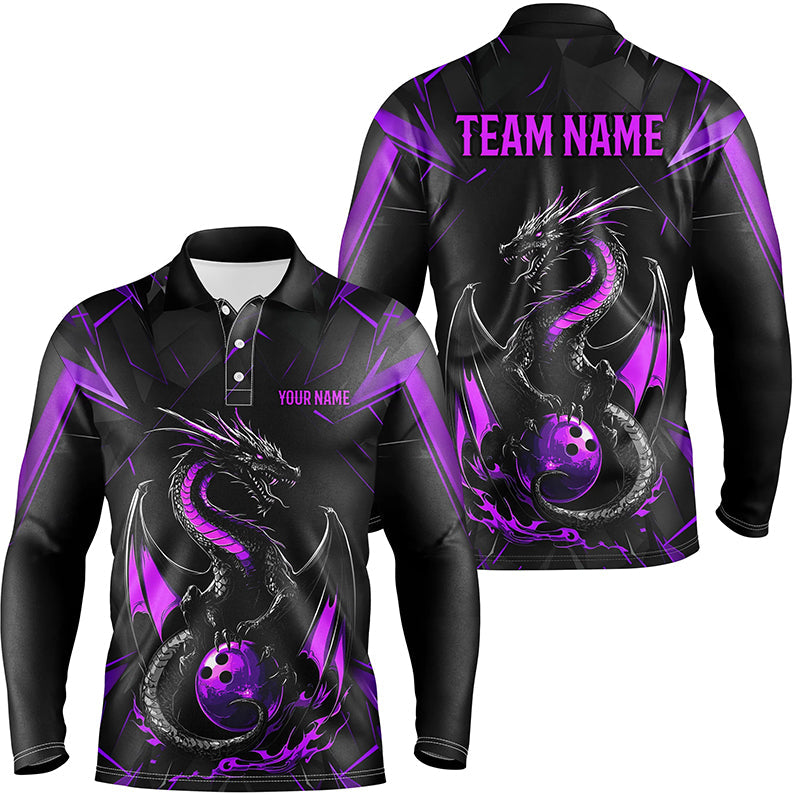 Custom Black And Purple Dragon Bowling Long Sleeve Polo Shirts For Men, Dragon Bowling Team Uniform IPHW7314