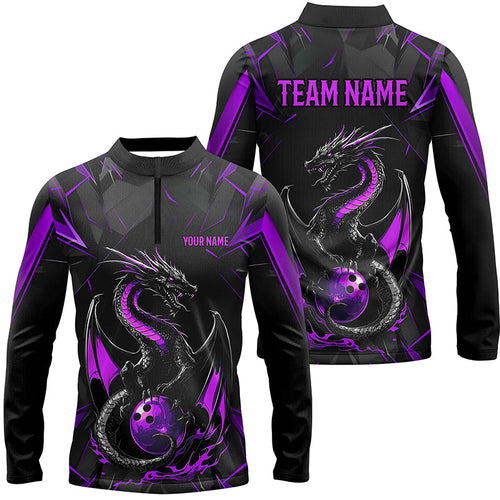 Custom Black And Purple Dragon Bowling Long Sleeve Quarter-Zip Shirt For Men, Dragon Bowling Uniform IPHW7314