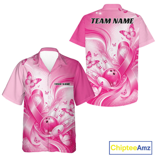 Custom Breast Cancer Pink Ribbon And Butterflies Bowling Team Men And Women Button Up Shirt IPHW12050