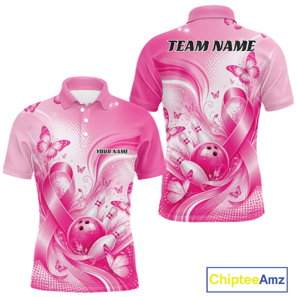 Custom Breast Cancer Pink Ribbon And Butterflies Bowling Team Men Polo Shirt IPHW12050