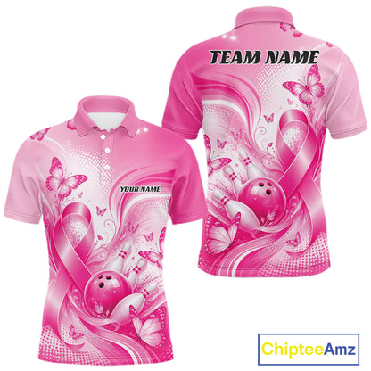 Custom Breast Cancer Pink Ribbon And Butterflies Bowling Team Men Polo Shirt IPHW12050