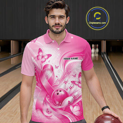 Custom Breast Cancer Pink Ribbon And Butterflies Bowling Team Men Polo Shirt IPHW12050