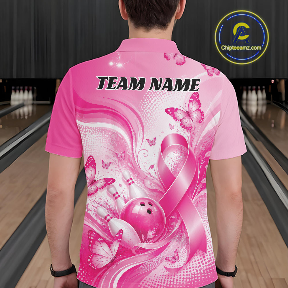 Custom Breast Cancer Pink Ribbon And Butterflies Bowling Team Men Polo Shirt IPHW12050
