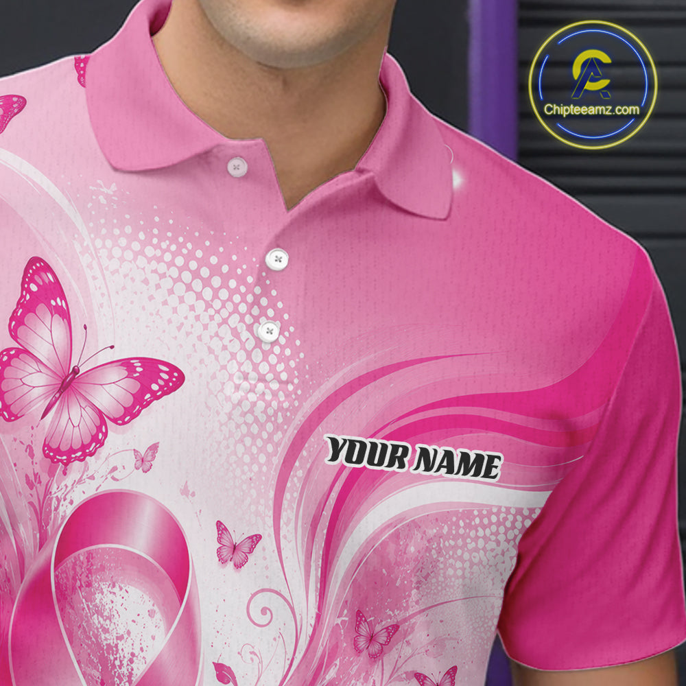 Custom Breast Cancer Pink Ribbon And Butterflies Bowling Team Men Polo Shirt IPHW12050
