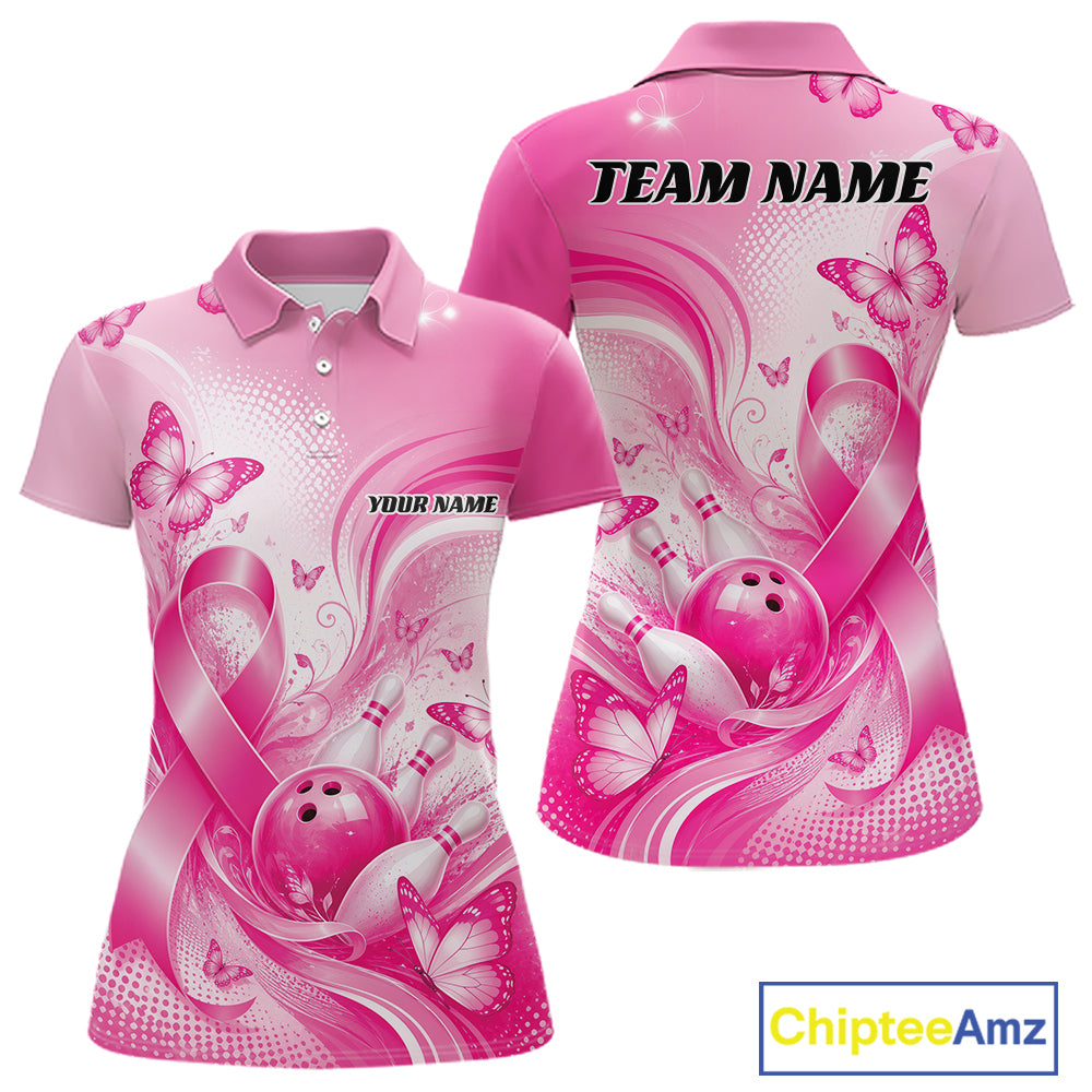 Custom Breast Cancer Pink Ribbon And Butterflies Bowling Team Women Polo Shirt IPHW12050
