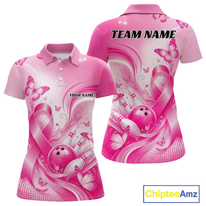 Custom Breast Cancer Pink Ribbon And Butterflies Bowling Team Women Polo Shirt IPHW12050