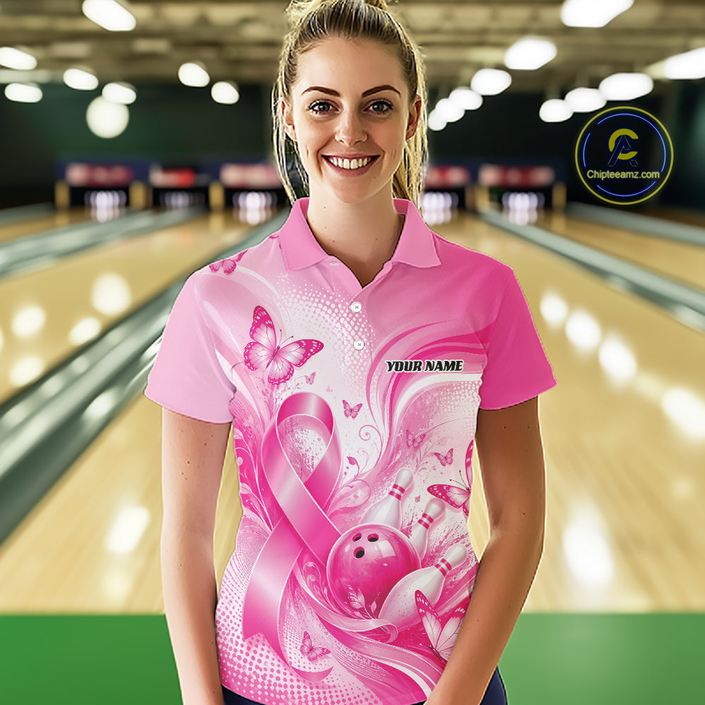 Custom Breast Cancer Pink Ribbon And Butterflies Bowling Team Women Polo Shirt IPHW12050