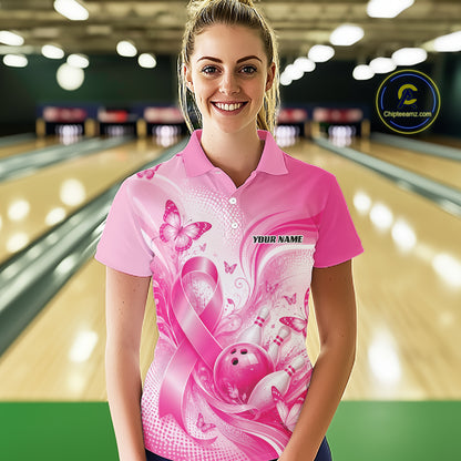 Custom Breast Cancer Pink Ribbon And Butterflies Bowling Team Women Polo Shirt IPHW12050