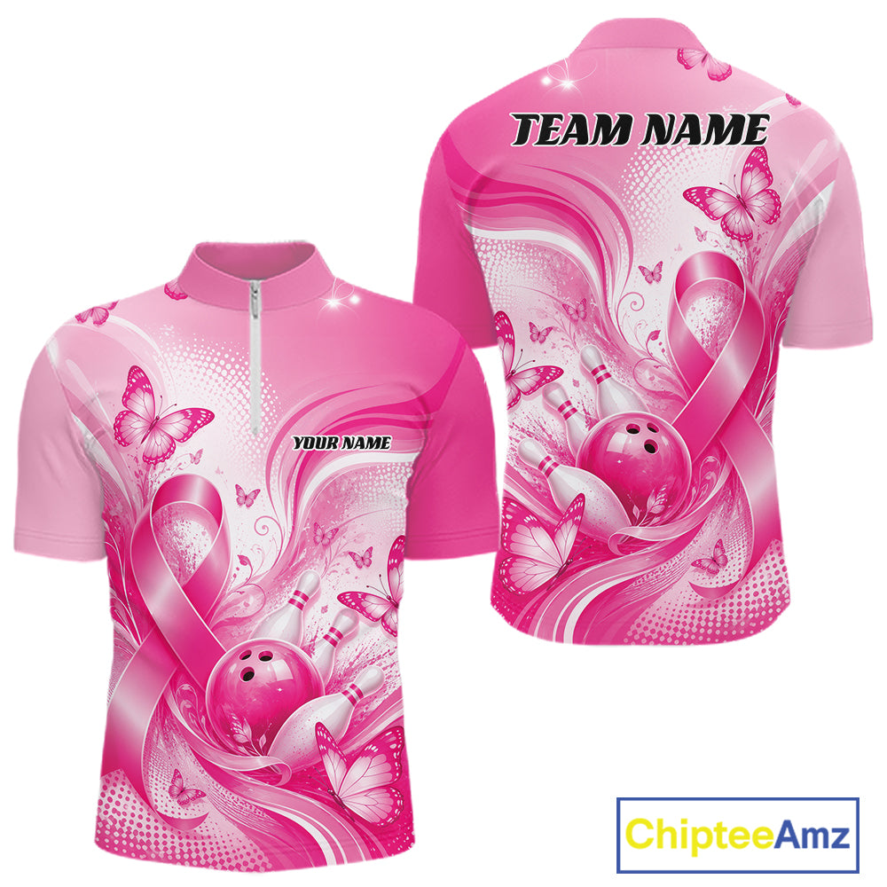 Custom Breast Cancer Pink Ribbon And Butterflies Bowling Team Men Quarter Zip Shirt IPHW12050