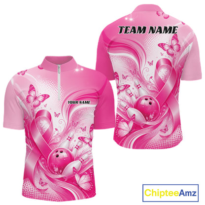 Custom Breast Cancer Pink Ribbon And Butterflies Bowling Team Men Quarter Zip Shirt IPHW12050