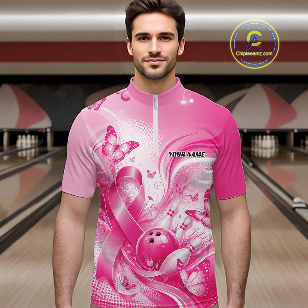 Custom Breast Cancer Pink Ribbon And Butterflies Bowling Team Men Quarter Zip Shirt IPHW12050