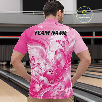 Custom Breast Cancer Pink Ribbon And Butterflies Bowling Team Men Quarter Zip Shirt IPHW12050