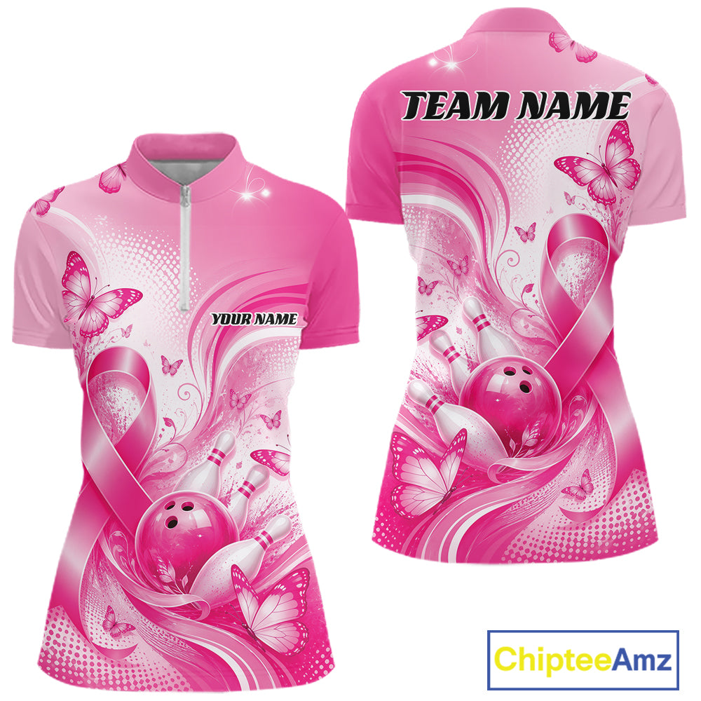 Custom Breast Cancer Pink Ribbon And Butterflies Bowling Team Women Quarter-Zip Shirt IPHW12050