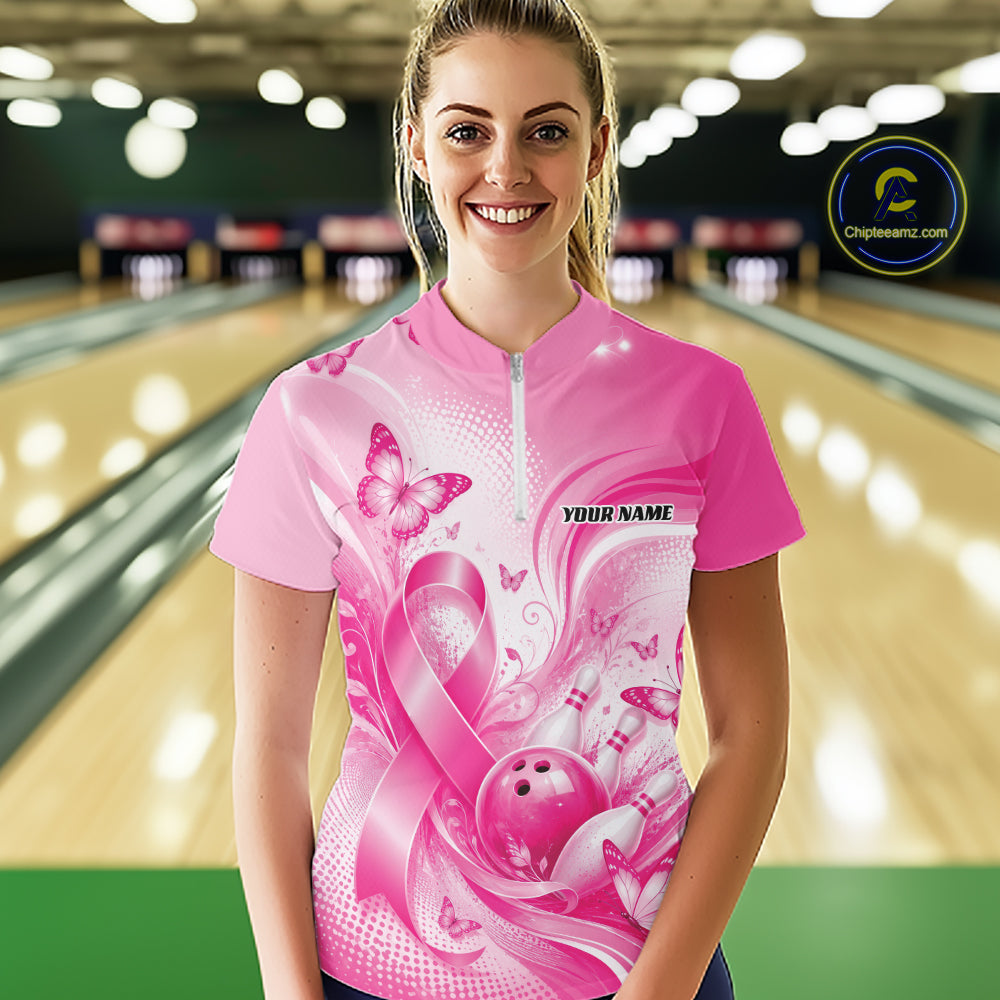 Custom Breast Cancer Pink Ribbon And Butterflies Bowling Team Women Quarter-Zip Shirt IPHW12050