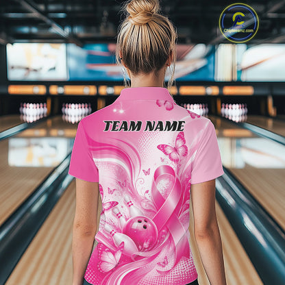 Custom Breast Cancer Pink Ribbon And Butterflies Bowling Team Women Quarter-Zip Shirt IPHW12050