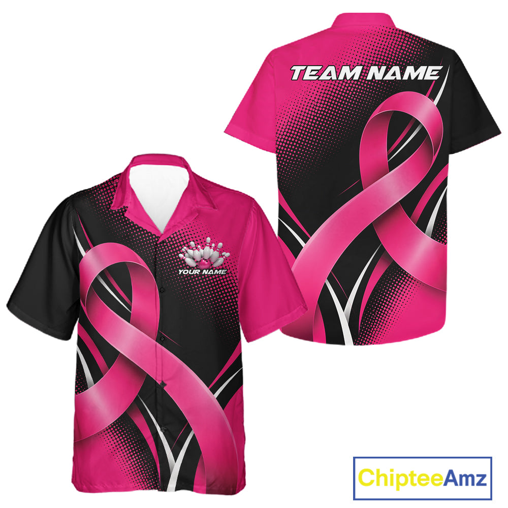 Custom Black And Pink Breast Cancer Ribbon Bowling Team Men And Women Button Up Shirt, Bowling Jersey IPHW12053
