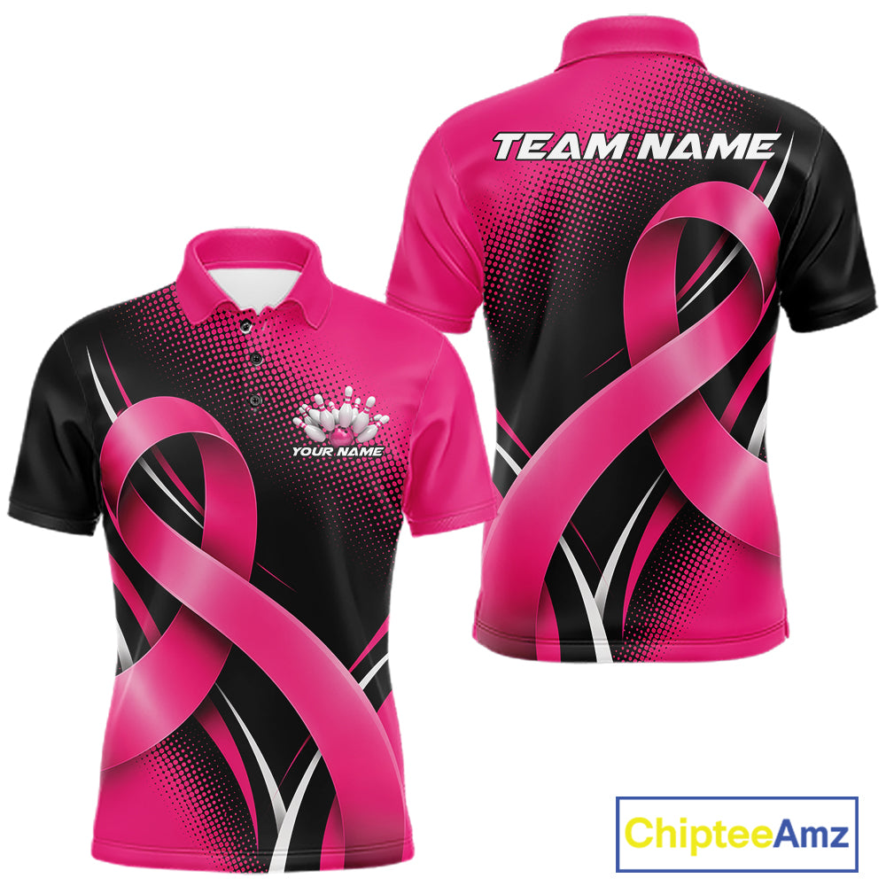 Custom Black And Pink Breast Cancer Ribbon Bowling Team Men Polo Shirt, Bowling Jersey IPHW12053