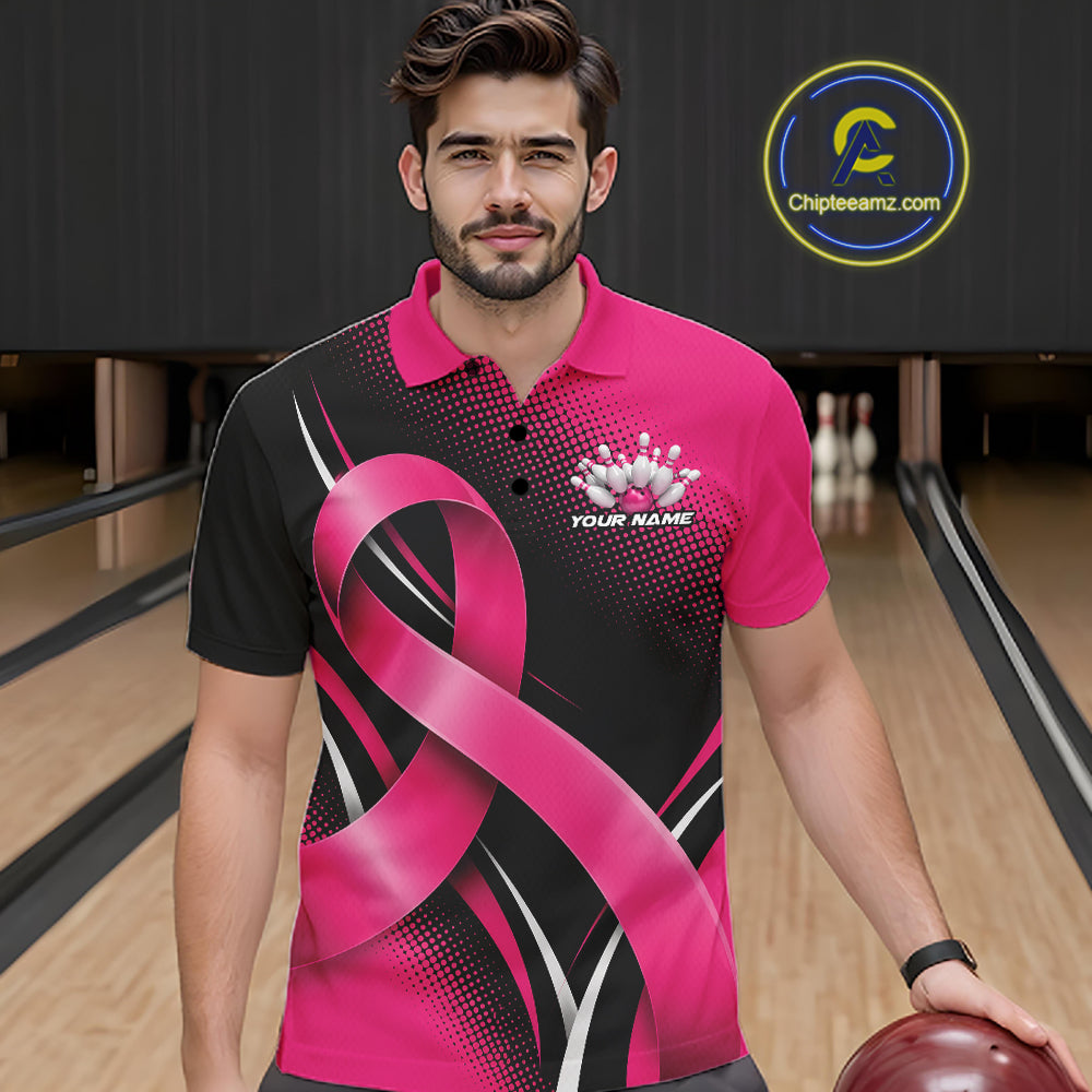 Custom Black And Pink Breast Cancer Ribbon Bowling Team Men Polo Shirt, Bowling Jersey IPHW12053