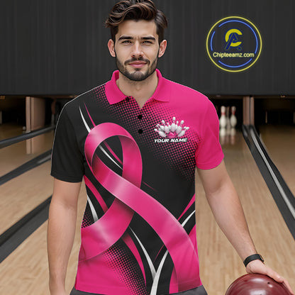 Custom Black And Pink Breast Cancer Ribbon Bowling Team Men Polo Shirt, Bowling Jersey IPHW12053