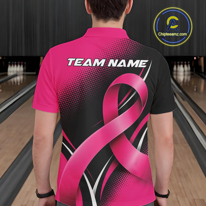 Custom Black And Pink Breast Cancer Ribbon Bowling Team Men Polo Shirt, Bowling Jersey IPHW12053